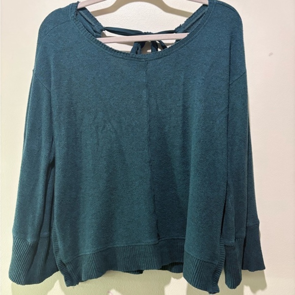 Saturday Sunday Anthropologie Teal Blue Soft‎ Brushed Tie Back Sweater Top Sz S